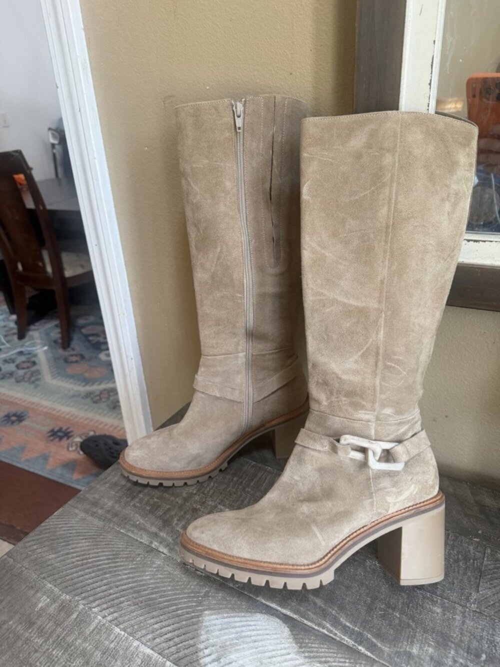 Softwaves Taupe Suede Knee High Boots Horsebit Chain Lug Sole EU 38.5 US 7.5-8